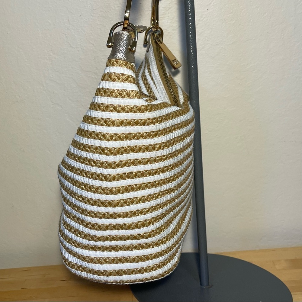 Eric Javits Straw Tan White Stripe Dame Bucket Bag - Picture 5 of 16